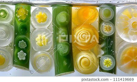 Macro photography captures vivid details of citrus fruit slices and effervescent bubbles in water, creating a refreshing visual melody. 111419669