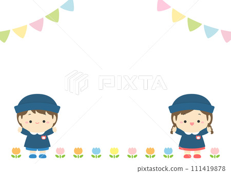 幼兒園學生入學典禮，花環和鬱金香，春季活動插畫素材02 111419878