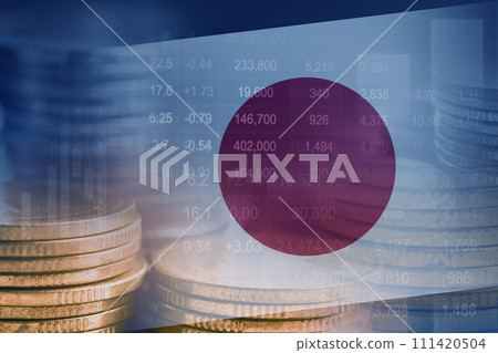 Japan flag with stock market finance, economy trend graph digital technology. 111420504