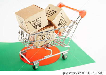 Online shopping, Shopping cart box on Bangladesh flag, import export, finance commerce. 111420506