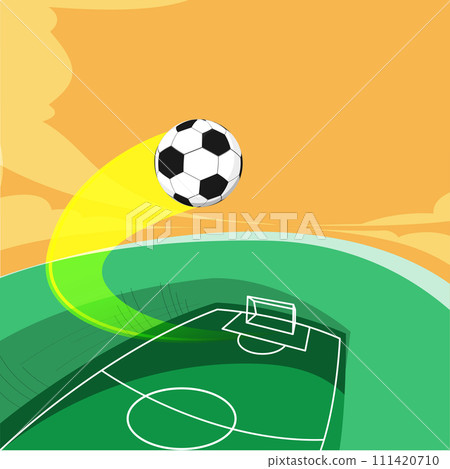 Stylized soccer ball soaring over field towards goal. Dynamics, action. Promotional image for soccer tournament broadcast 111420710