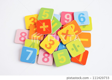 Number wood block cubes for learning Mathematic, education math concept. 111420733