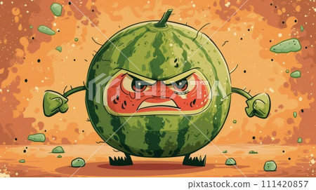 A cartoon watermelon with angry face and hands on the ground, AI 111420857