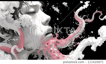 A woman with tentacles coming out of her mouth and nose, AI 111420871