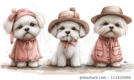 Three small dogs wearing hats and dresses sitting on a sidewalk, AI Three small dogs wearing hats and dresses sitting on a sidewalk, AI 111420898