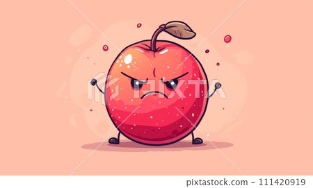 A cartoon apple with angry face and arms crossed on a pink background, AI A cartoon apple with angry face and arms crossed on a pink background, AI 111420919