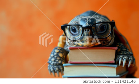 A turtle wearing glasses sitting on top of a stack of books, AI 111421146