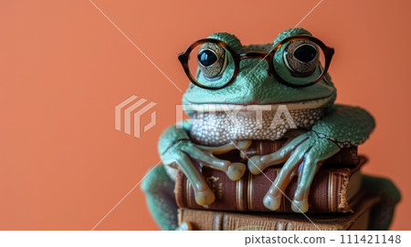 A frog wearing glasses sitting on top of books with a orange background, AI 111421148