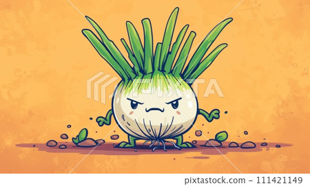 A cartoon drawing of a onion with angry eyes and hands, AI A cartoon drawing of a onion with angry eyes and hands, AI 111421149