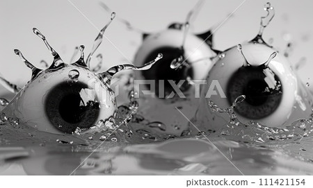 Three eyeballs are in a pool of water with drops, AI Three eyeballs are in a pool of water with drops, AI 111421154