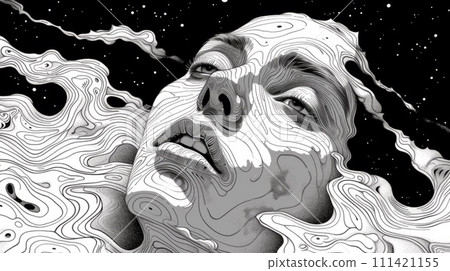 A black and white drawing of a woman's face, AI 111421155