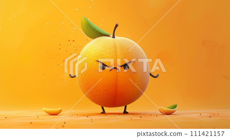 A cartoon orange with a frowning face and two leaves, AI A cartoon orange with a frowning face and two leaves, AI 111421157
