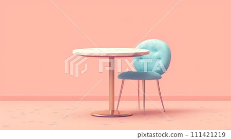 A blue chair and a table in front of pink wall, AI 111421219