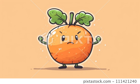 A cartoon carrot with a frowning face and green leaves, AI A cartoon carrot with a frowning face and green leaves, AI 111421240