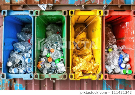 Containers with different types. Recycling concept. Containers with different types. Recycling concept. 111421342