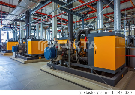 Modern boiler room with gas boilers, industrial heating. 111421380