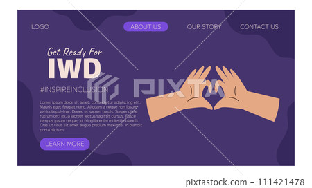 IWD Inspire Inclusion campaign, International Women's Day 2024 Landing page template features variety of hands showing the heart gesture. Vector hand drawn illustration in flat style 111421478