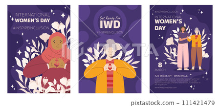 IWD Inspire Inclusion campaign, International Women's Day 2024 Poster collection features a diversity of women making the heart gesture with their hands. Vector hand drawn illustration in flat style 111421479
