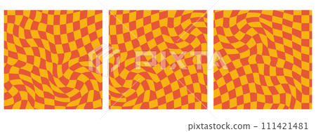 Set of Square Groovy Checkerboard Waves Patterns. Twisted and Distorted Vector Textures Bring a Trendy Retro Psychedelic Style. Perfect for Y2K Aesthetic in Oranges Color Palettes. Set of Square Groovy Checkerboard Waves Patterns. Twisted and Distorted Vector Textures Bring a Trendy Retro Psychedelic Style. Perfect for Y2K Aesthetic in Oranges Color Palettes. 111421481