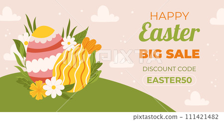 Easter sale horizontal background template for promotion. Design with painted eggs on green grass field with flowers and leaves. Spring seasonal advertising. Hand drawn flat vector illustration. Easter sale horizontal background template for promotion. Design with painted eggs on green grass field with flowers and leaves. Spring seasonal advertising. Hand drawn flat vector illustration. 111421482