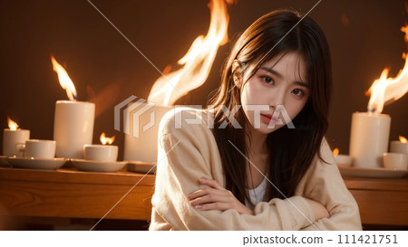 Angry expression woman and flame background 111421751