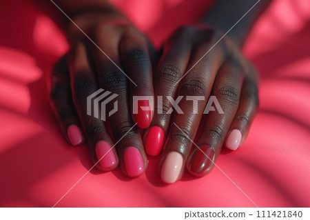 African American womans hands with red colour palette manicure on a red background in sunlight 111421840
