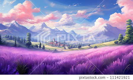 Cute village in the mountains against the backdrop of lavender field Cute village in the mountains against the backdrop of lavender field 111421921