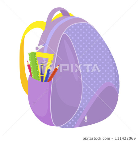 Purple school backpack yellow straps stationery side pocket. Educational equipment vector illustration 111422069