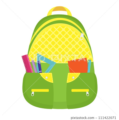 Bright green backpack school supplies ruler, pencils, notebooks. Education back school theme vector illustration 111422071
