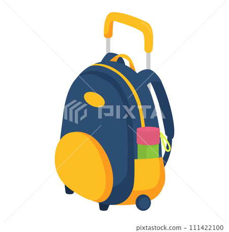 School backpack wheels retractable handle, water bottle side pocket. Back school travel luggage vector illustration School backpack wheels retractable handle, water bottle side pocket. Back school travel luggage vector illustration 111422100