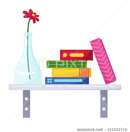 Colorful books stack shelf flower vase. Home cozy interior bookshelf decoration. Modern shelf office supplies vector illustration Colorful books stack shelf flower vase. Home cozy interior bookshelf decoration. Modern shelf office supplies vector illustration 111422114