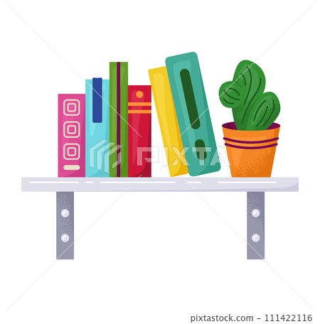 Colorful books shelf green potted plant. Home office education concept, organization interior decor vector illustration 111422116