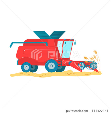 Red combine harvester work field, harvesting wheat crops. Modern agricultural machinery farming. Agriculture equipment crop harvesting vector illustration Red combine harvester work field, harvesting wheat crops. Modern agricultural machinery farming. Agriculture equipment crop harvesting vector illustration 111422151