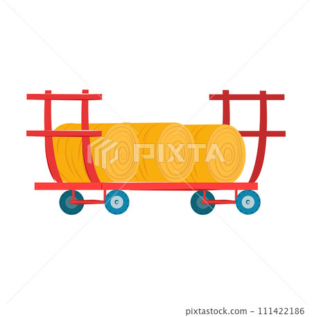 Cartoon lumber cart stacked logs, red blue industrial flatbed trolley. Timber transport, lumberjack theme vector illustration 111422186