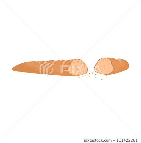 Sliced French baguette bread crumbs. Bakery fresh loaf section, cut bakery product. Baking food homemade meal, bread vector illustration Sliced French baguette bread crumbs. Bakery fresh loaf section, cut bakery product. Baking food homemade meal, bread vector illustration 111422261