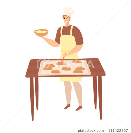 Chef glazing pastries baking sheet kitchen. Male baker apron chefs hat preparing cookies. Baking culinary skills vector illustration 111422267