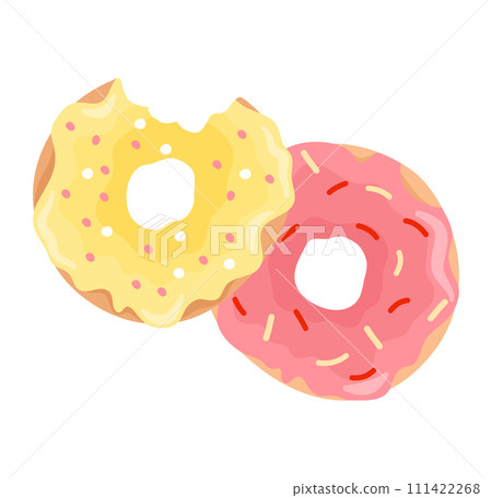 Two colorful glazed donuts, one pink one yellow, sprinkles. Sweet delicious dessert vector illustration 111422268