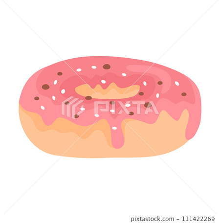 Pink glazed doughnut sprinkles, sweet icing chocolate chips top. Delicious pastry dessert concept. Breakfast snack, baker vector illustration 111422269