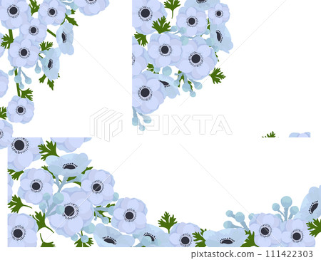 Floral corner design light blue anemone flowers green leaves. Anemone invitation card border isolated white background. Gentle watercolor flower frame wedding stationery 111422303