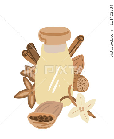 Glass bottle brown spices cinnamon vanilla nutmeg flat design condiment Glass bottle brown spices cinnamon vanilla nutmeg flat design condiment 111422334