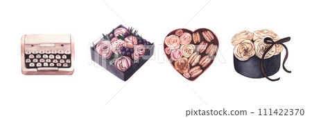 Rose bouquet in a heart box with macaroons,flowers box and typewriter. Watercolor hand-drawn illustration isolated on white background. Card for wedding, valentines day, woman birthday, mothers day Rose bouquet in a heart box with macaroons,flowers box and typewriter. Watercolor hand-drawn illustration isolated on white background. Card for wedding, valentines day, woman birthday, mothers day 111422370