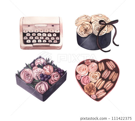 Rose bouquet in a heart box with macaroons,flowers box and typewriter. Watercolor hand-drawn illustration isolated on white background. Card for wedding, valentines day, woman birthday, mothers day 111422375