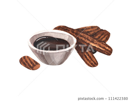 Churros fried sweet biscuit and chocolate sauce. Watercolor hand-drawn illustration isolated on white background. Desserts in Spanish or Mexican cuisine Churros fried sweet biscuit and chocolate sauce. Watercolor hand-drawn illustration isolated on white background. Desserts in Spanish or Mexican cuisine 111422380