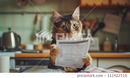 cat looking at documents cat looking at documents 111422519