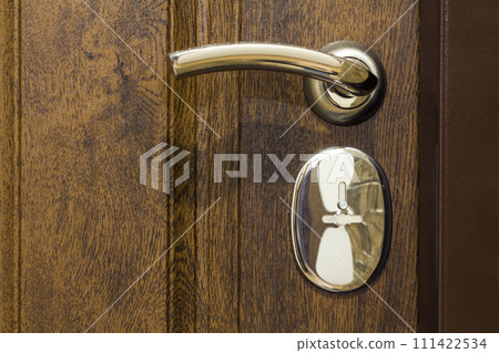 Modern, contemporary satin metal handle on a wooden door close-up. 111422534