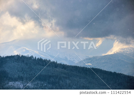 Winter landscape with spruse trees of snow covered forest in cold mountains. Winter landscape with spruse trees of snow covered forest in cold mountains. 111422554