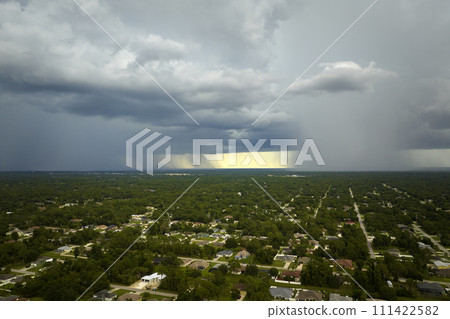 Landscape of dark ominous clouds forming on stormy sky during heavy thunderstorm over rural town area 111422582