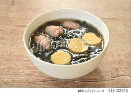 boiled egg tofu with mashed pork and seaweed soup on bowl boiled egg tofu with mashed pork and seaweed soup on bowl 111422653