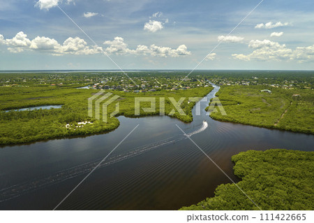 Aerial view of Florida wetlands with green vegetation between ocean water inlets. Natural habitat of many tropical species 111422665