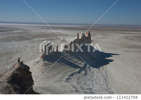 Stunning Mangystau landscape, Kazakhstan. Ak Orpa pinnacles aerial view, Bozzhira valley 111422784